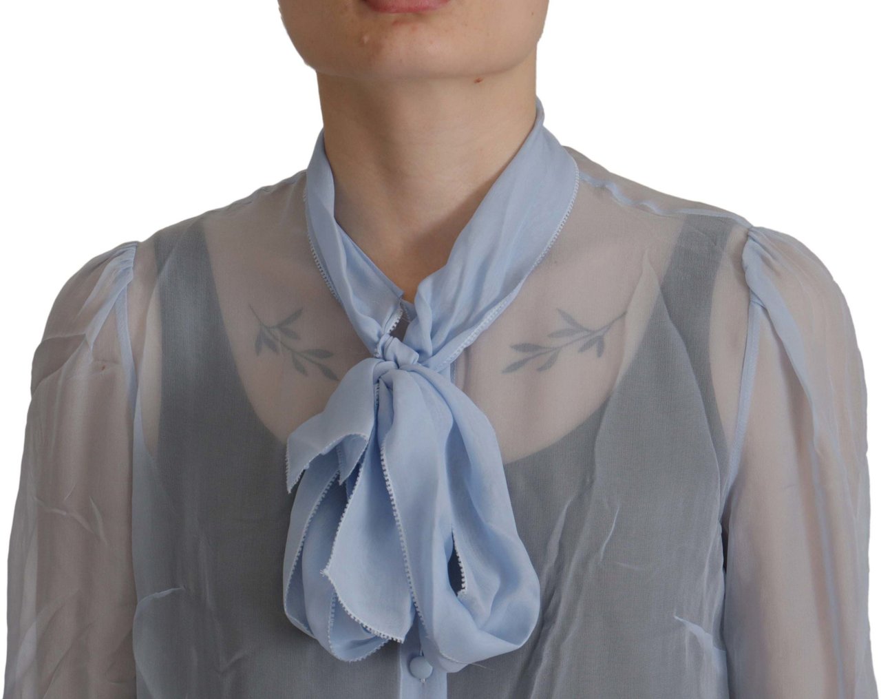 Dolce & Gabbana Light Blue Silk Ascot Collar Long Sleeves Top Blauw
