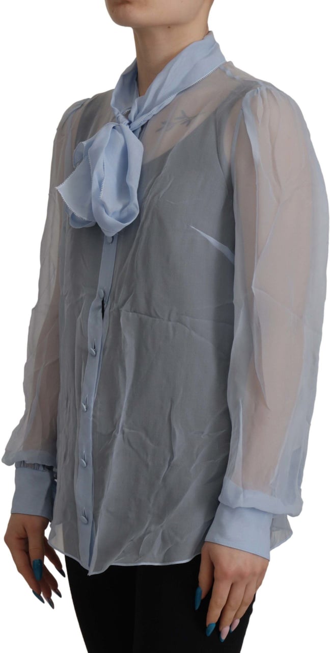 Dolce & Gabbana Light Blue Silk Ascot Collar Long Sleeves Top Blauw