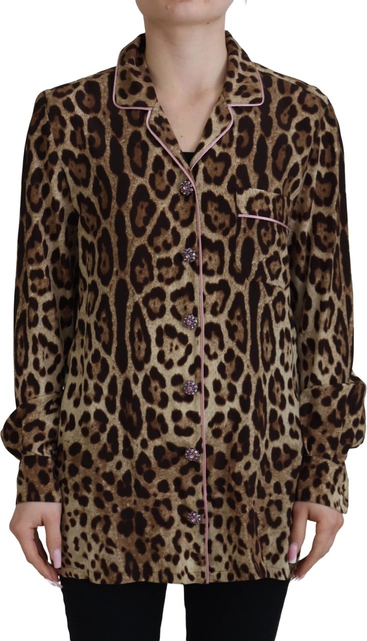 Dolce & Gabbana Brown Leopard Print Long Sleeves Blouse Top Bruin