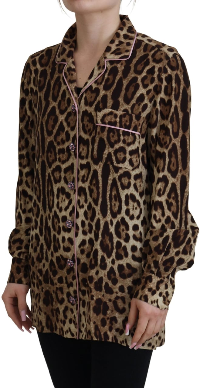 Dolce & Gabbana Brown Leopard Print Long Sleeves Blouse Top Bruin