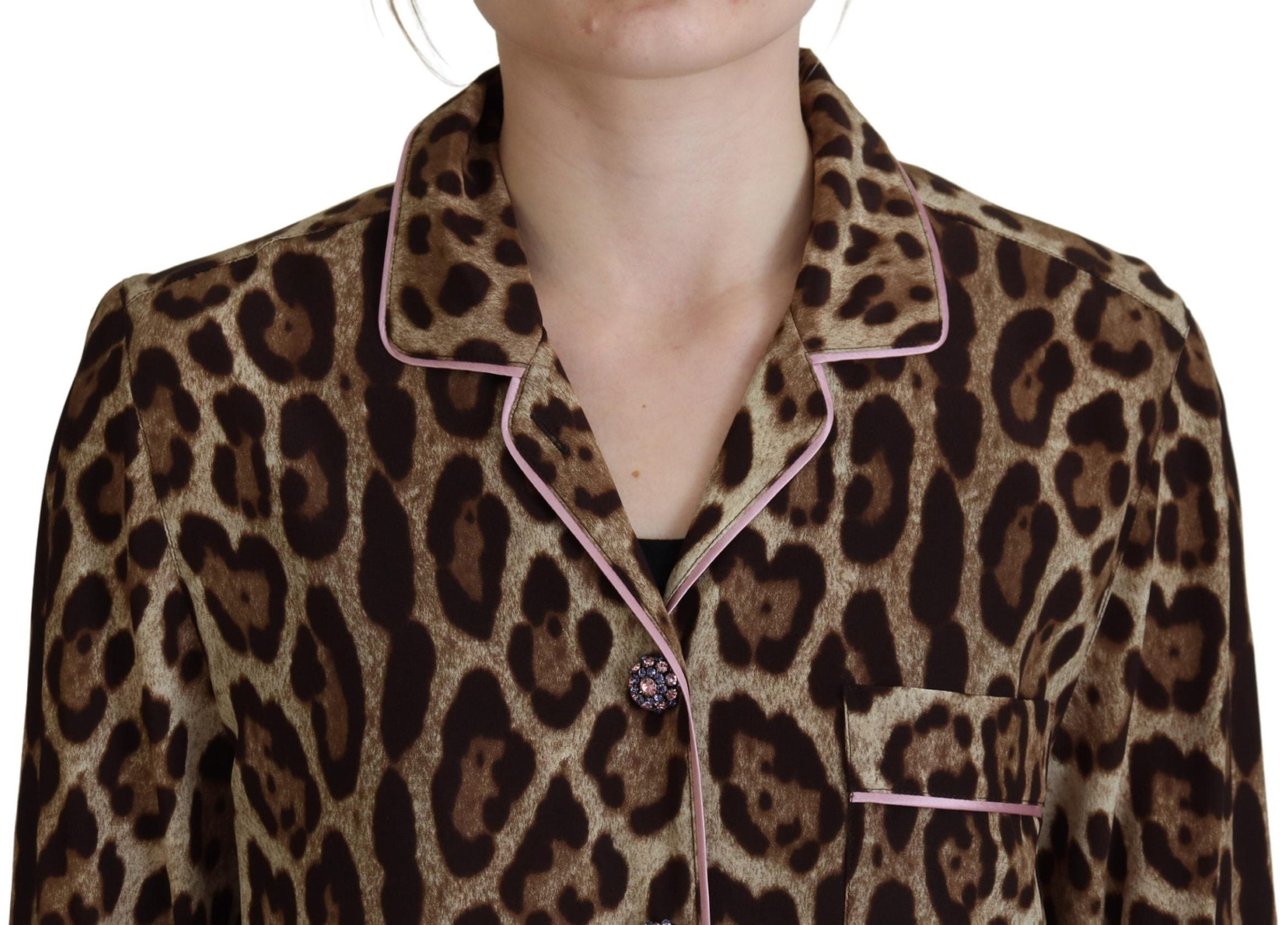 Dolce & Gabbana Brown Leopard Print Long Sleeves Blouse Top Bruin