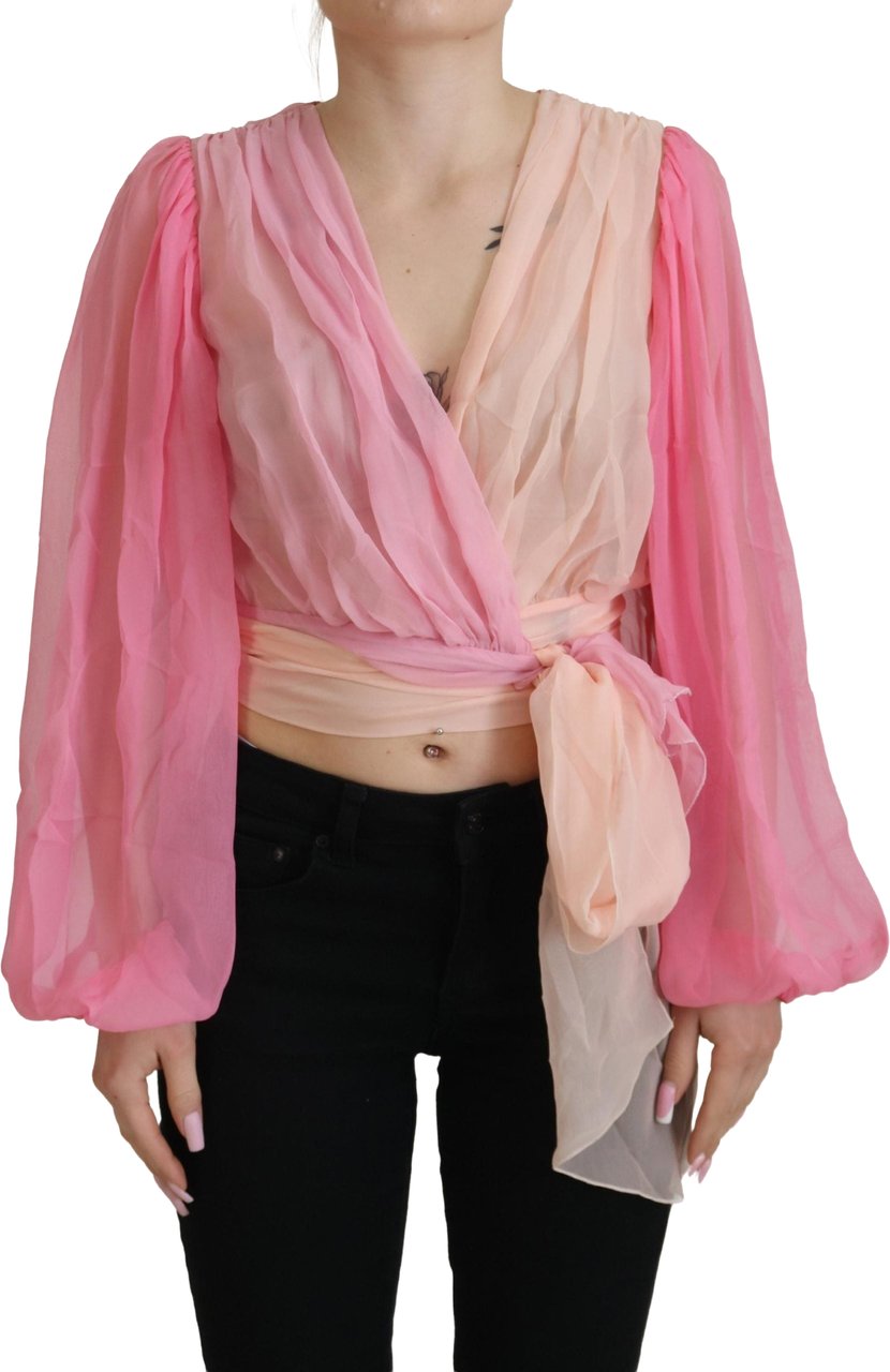 Dolce & Gabbana Pink Silk Wrap Long Sleeves Blouse Top Roze