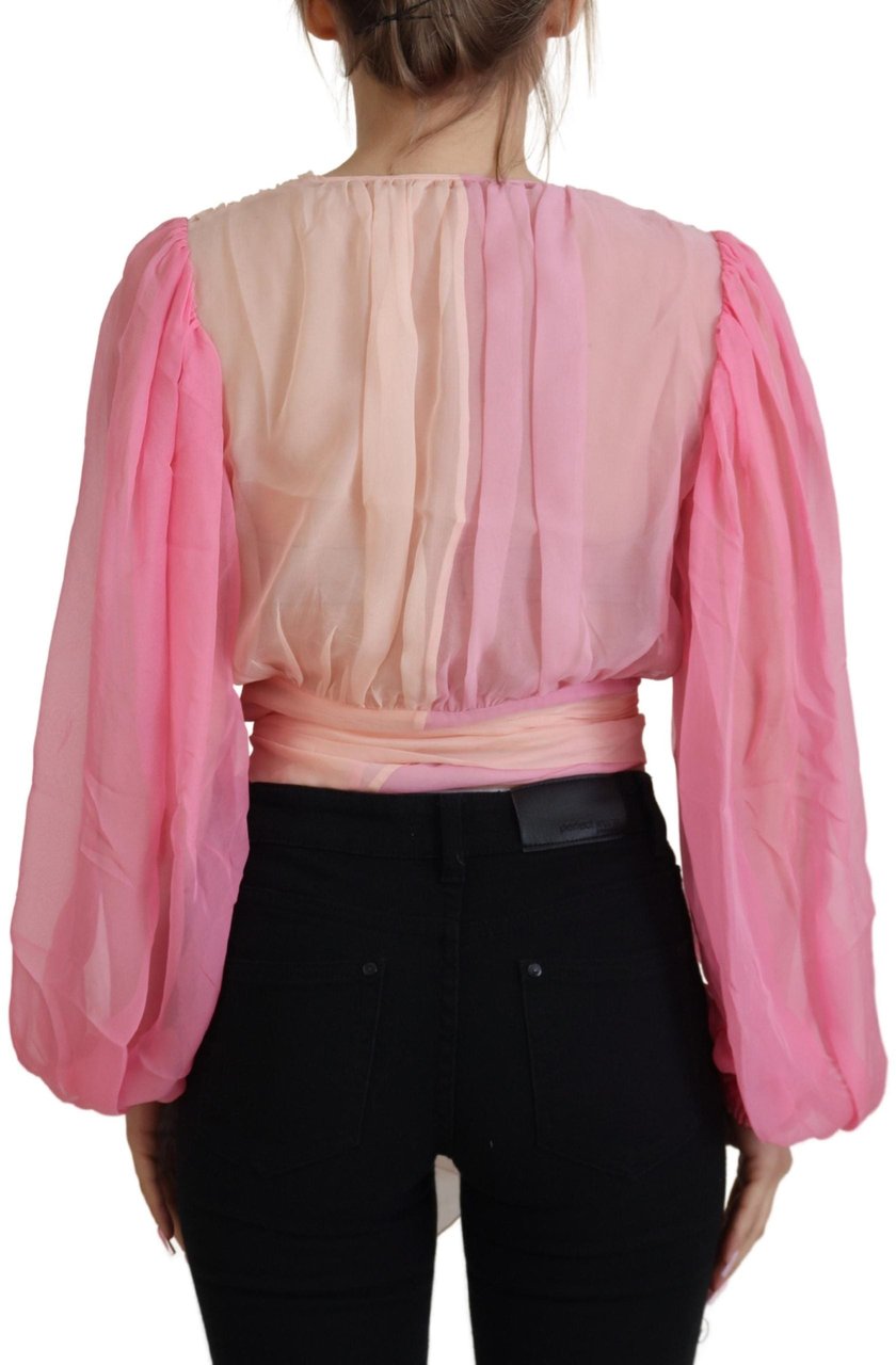 Dolce & Gabbana Pink Silk Wrap Long Sleeves Blouse Top Roze