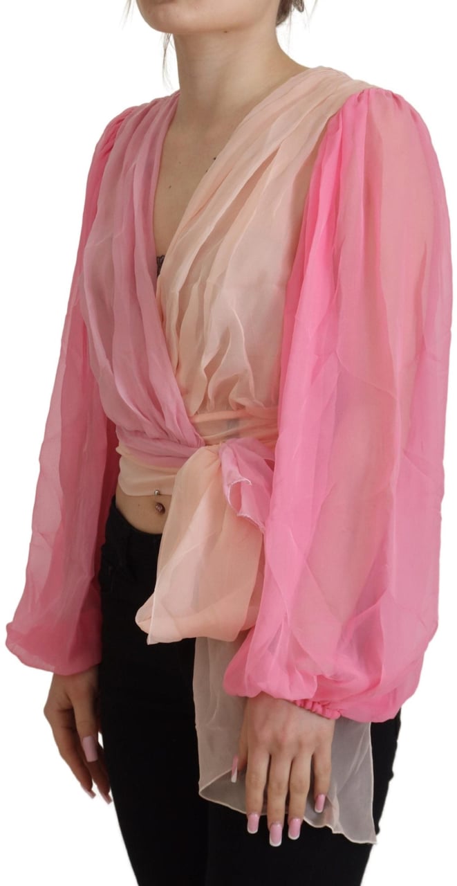 Dolce & Gabbana Pink Silk Wrap Long Sleeves Blouse Top Roze