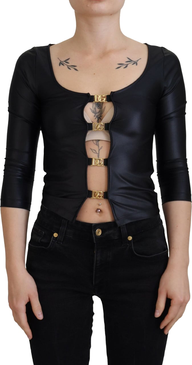 Dolce & Gabbana Black Cotton Stretch Open Chest 3/4 Sleeve Top Zwart