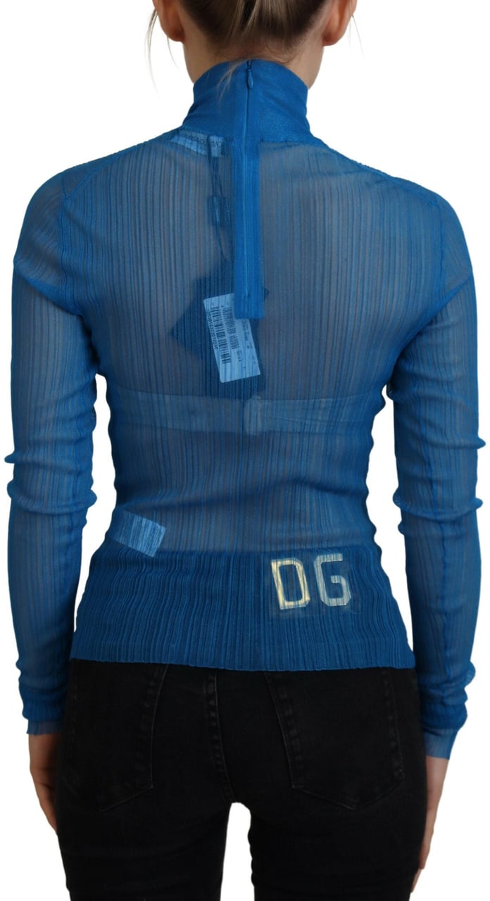 Dolce & Gabbana Blue Mesh Turtleneck Long Sleeve Blouse Top Blauw