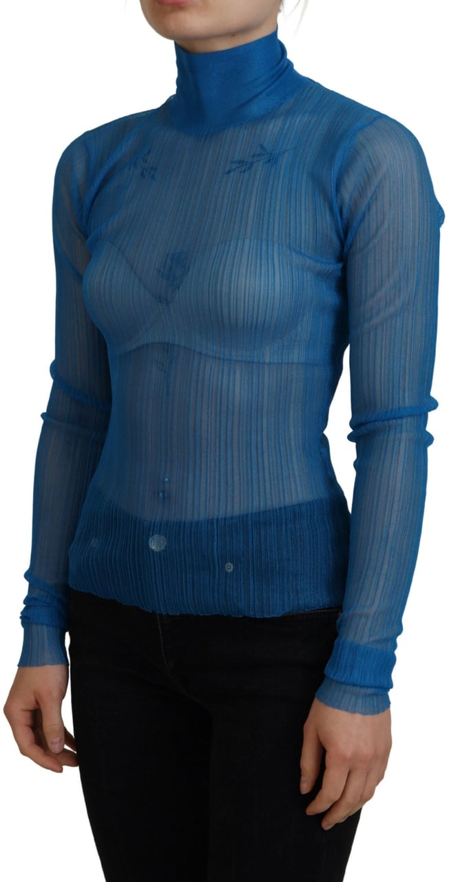 Dolce & Gabbana Blue Mesh Turtleneck Long Sleeve Blouse Top Blauw