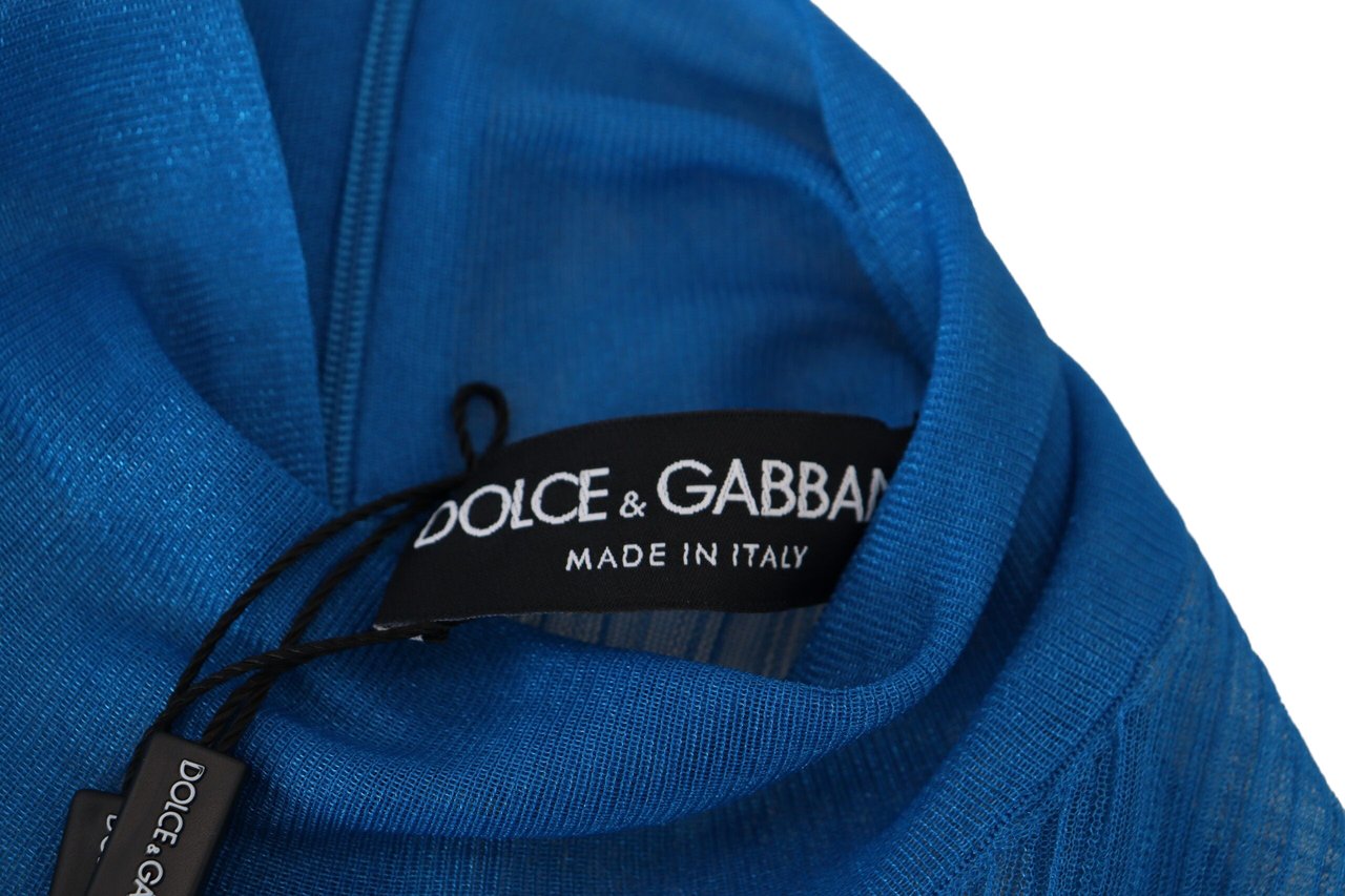 Dolce & Gabbana Blue Mesh Turtleneck Long Sleeve Blouse Top Blauw