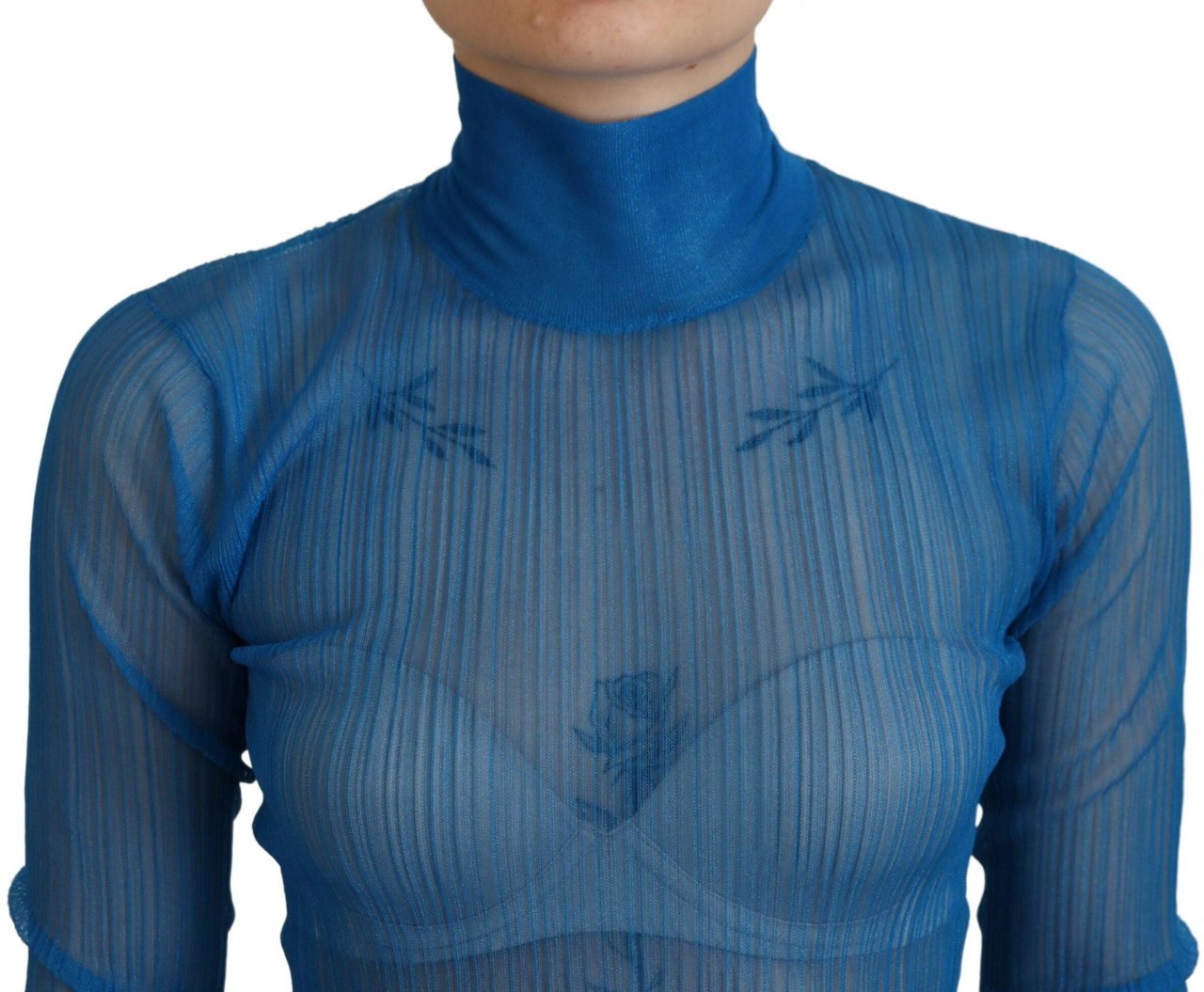 Dolce & Gabbana Blue Mesh Turtleneck Long Sleeve Blouse Top Blauw