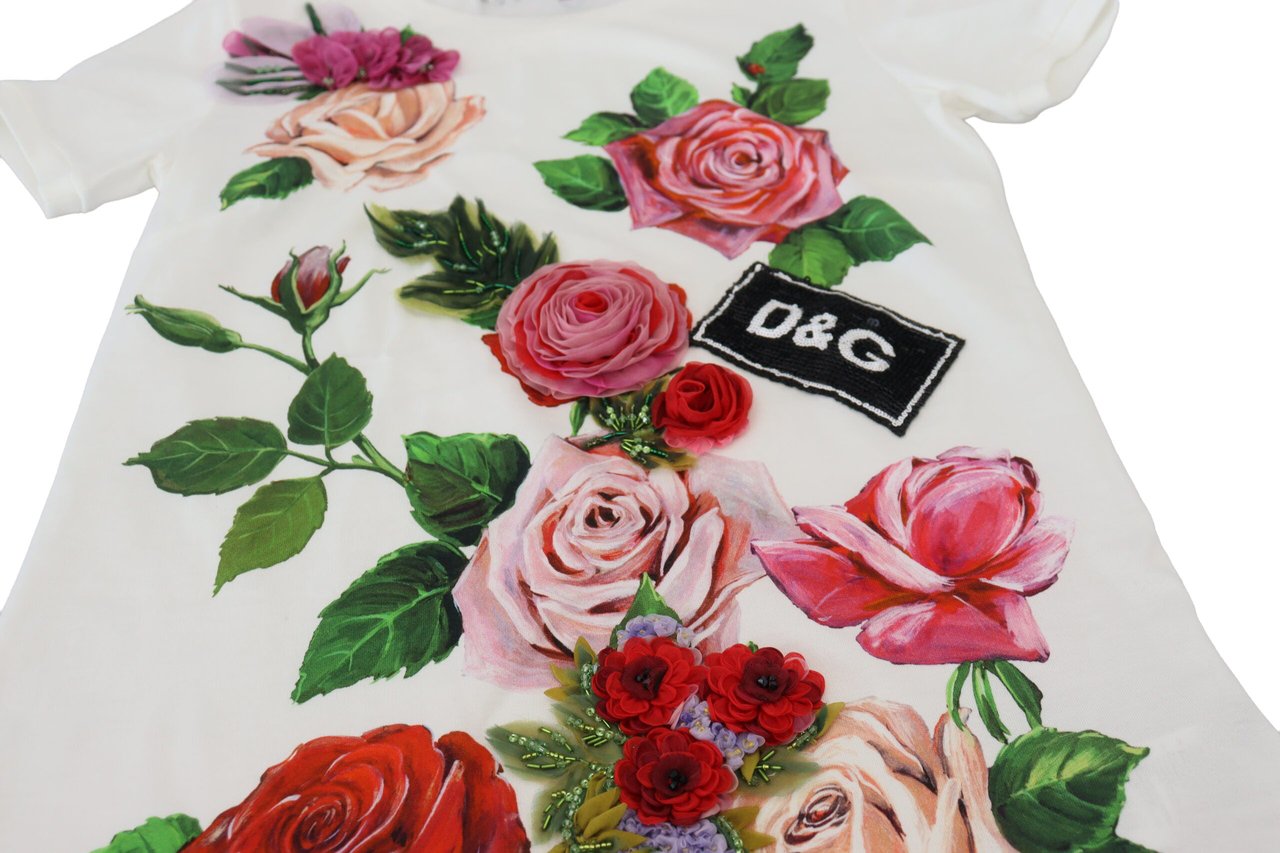 Dolce & Gabbana White Rose DGLogo Printed Short Sleeves Top Wit