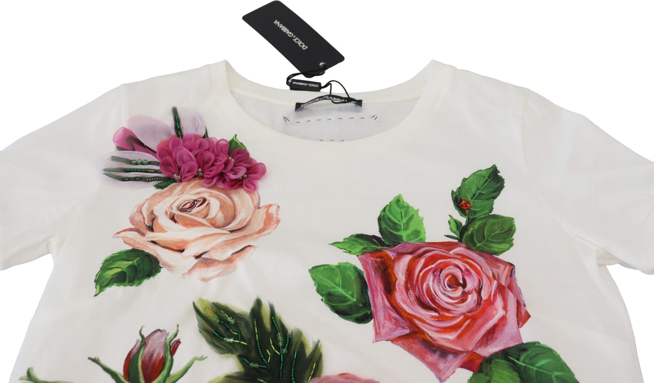 Dolce & Gabbana White Rose DGLogo Printed Short Sleeves Top Wit
