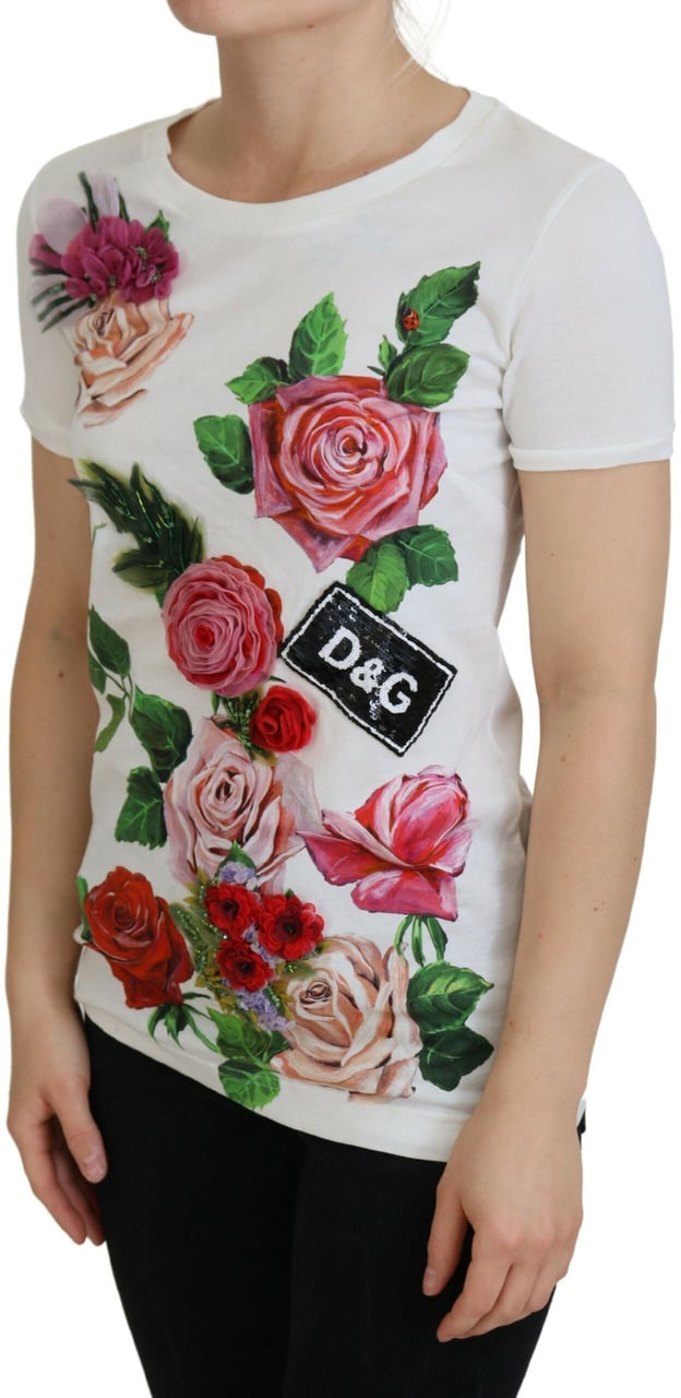 Dolce & Gabbana White Rose DGLogo Printed Short Sleeves Top Wit