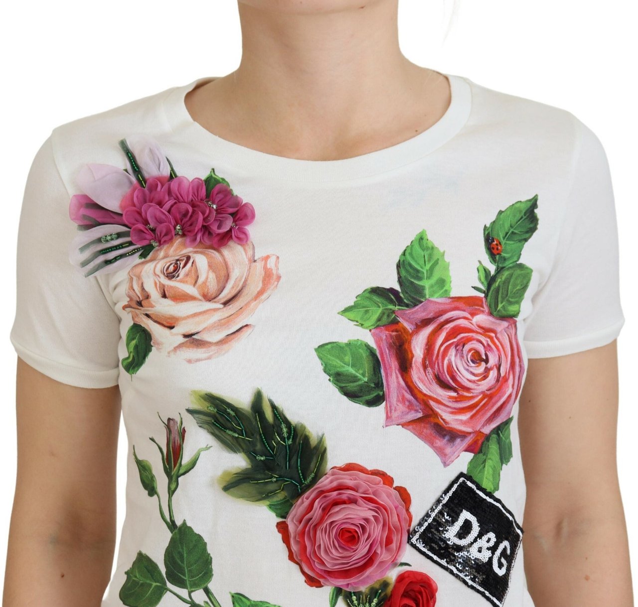 Dolce & Gabbana White Rose DGLogo Printed Short Sleeves Top Wit