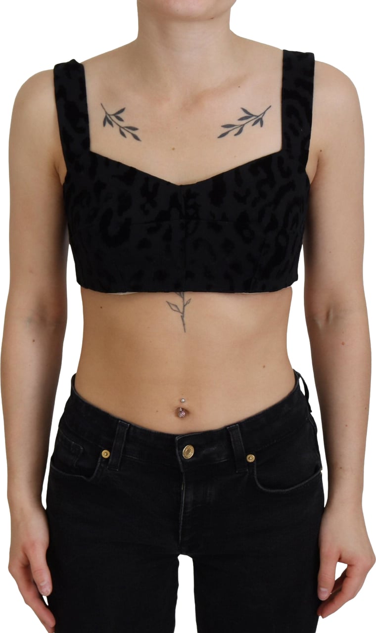 Dolce & Gabbana Black Leopard Cropped Bustier Corset Bra Top Zwart