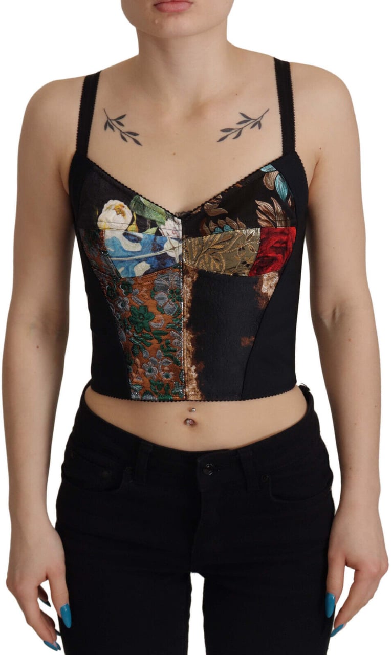 Dolce & Gabbana Black Patchwork Sicily Blouse Corset Cropped Top Divers