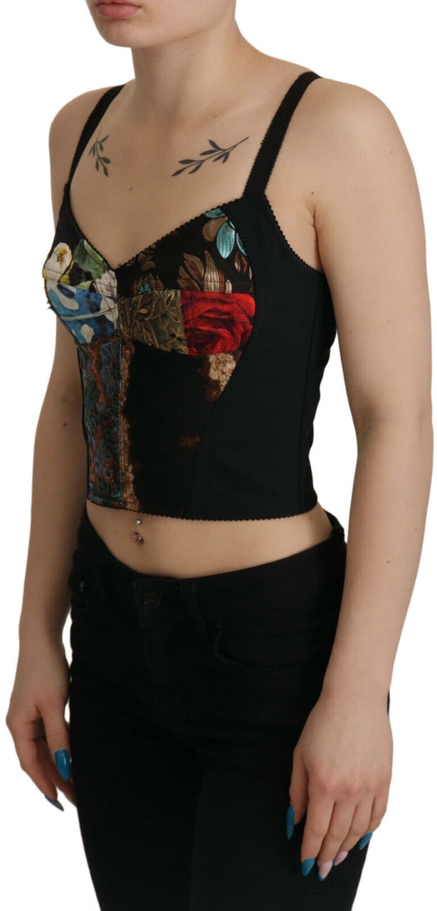 Dolce & Gabbana Black Patchwork Sicily Blouse Corset Cropped Top Divers