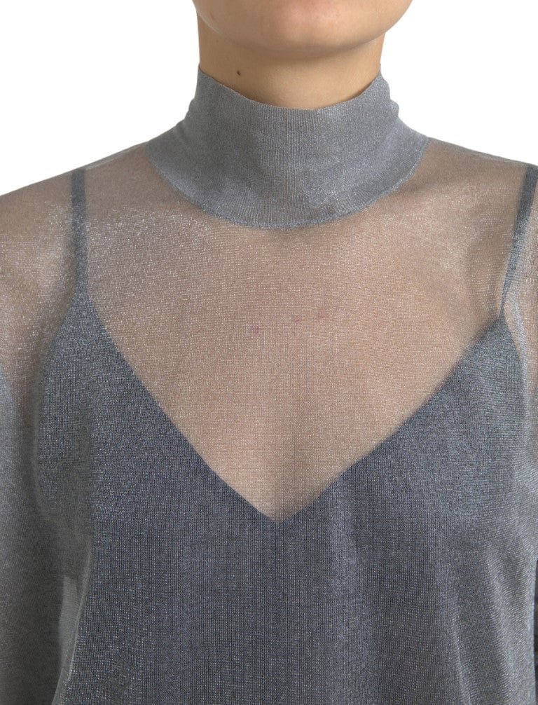 Dolce & Gabbana Gray Mesh Turtleneck Long Sleeve Blouse Top Grijs