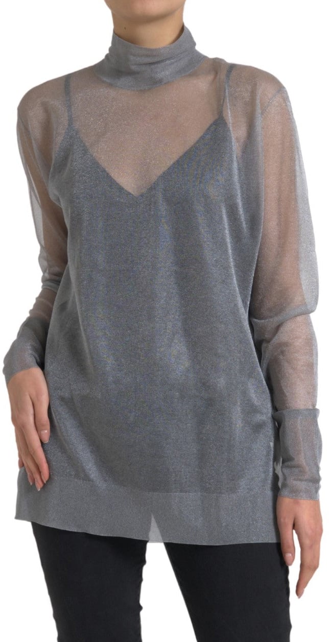 Dolce & Gabbana Gray Mesh Turtleneck Long Sleeve Blouse Top Grijs