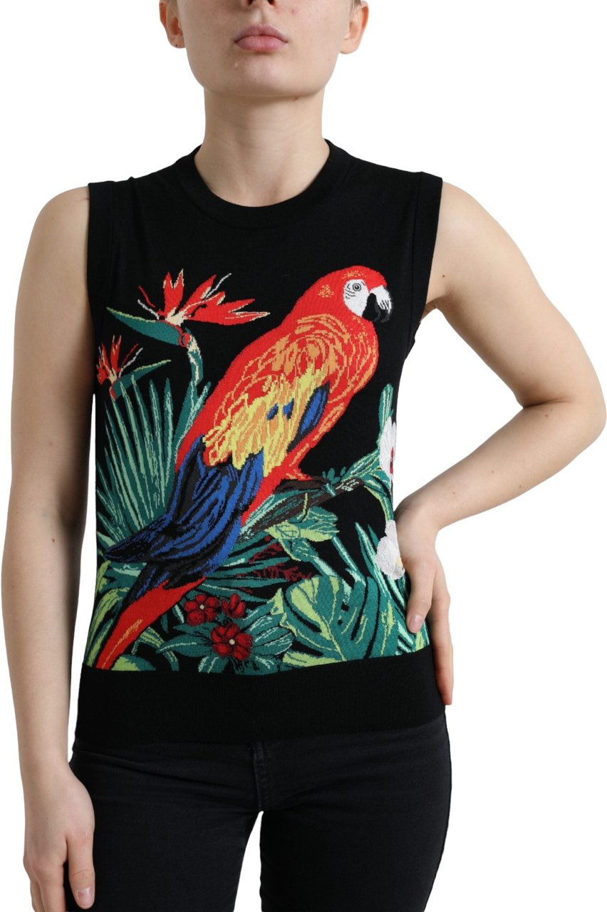 Dolce & Gabbana Black Bird Wool Knit Sleeveless Tank T-shirt Zwart