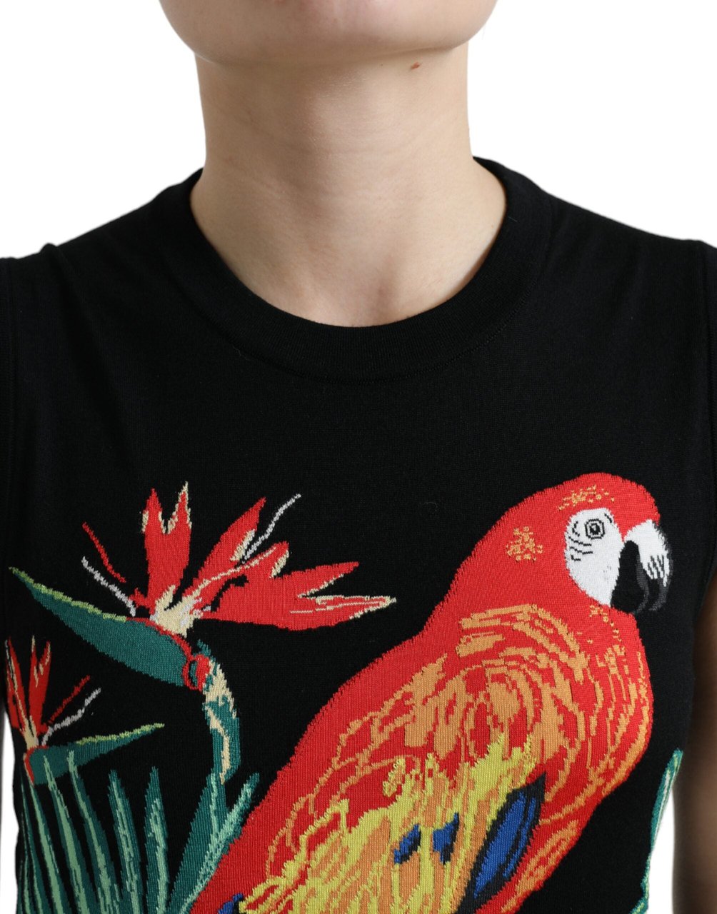 Dolce & Gabbana Black Bird Wool Knit Sleeveless Tank T-shirt Zwart