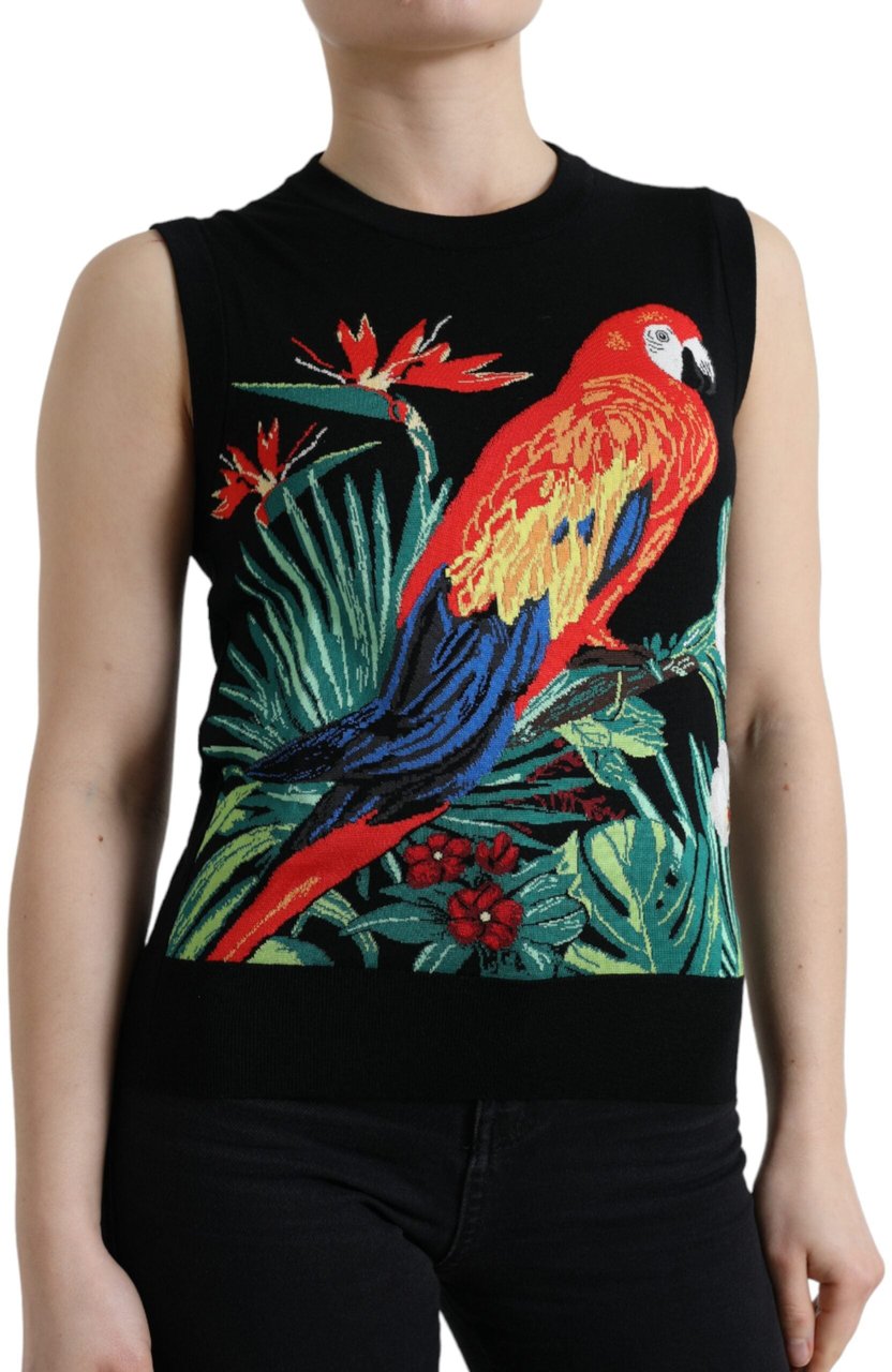 Dolce & Gabbana Black Bird Wool Knit Sleeveless Tank T-shirt Zwart