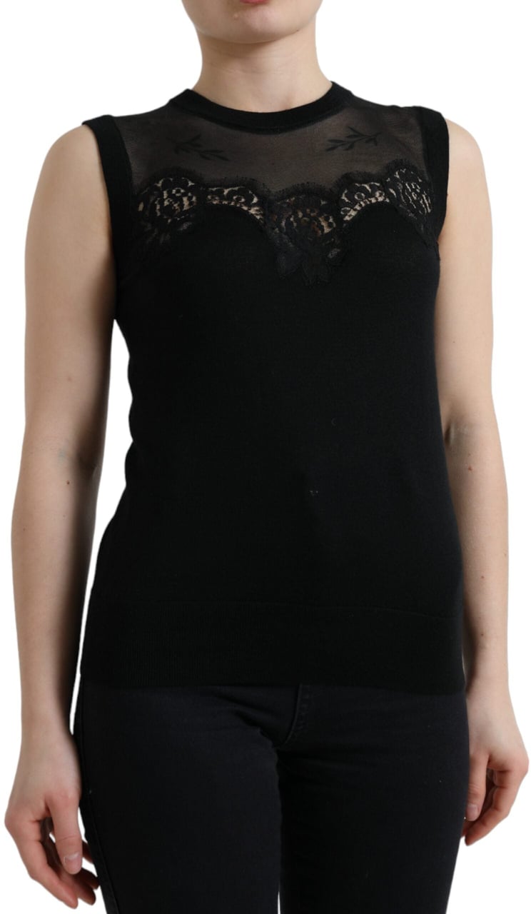 Dolce & Gabbana Black Cashmere Lace Trim Sleeveless Tank Top Zwart