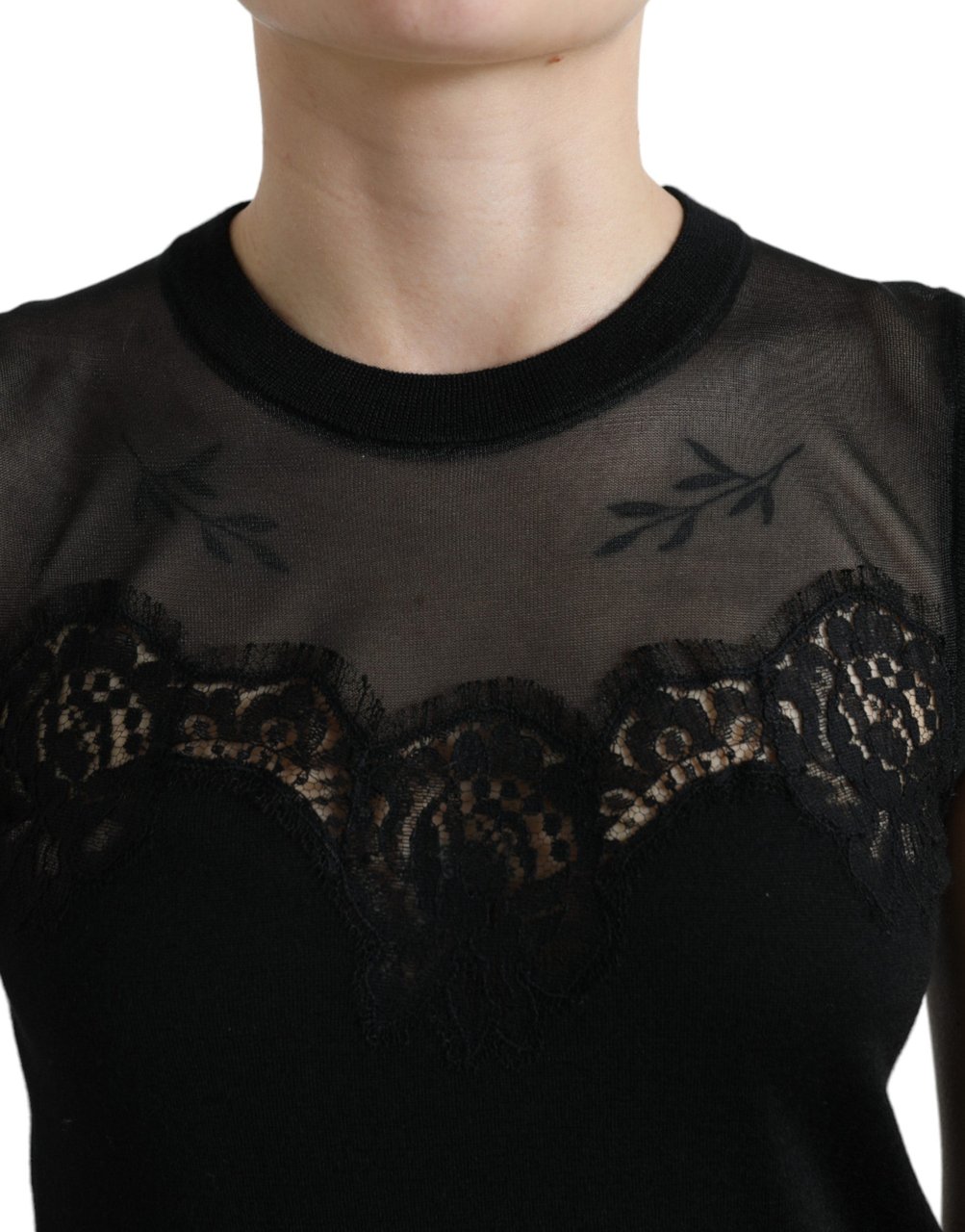 Dolce & Gabbana Black Cashmere Lace Trim Sleeveless Tank Top Zwart