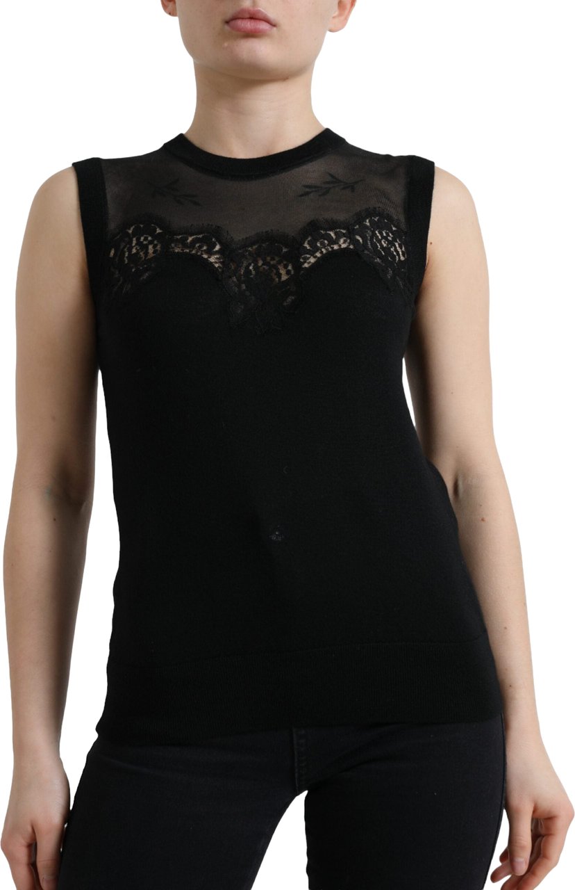 Dolce & Gabbana Black Cashmere Lace Trim Sleeveless Tank Top Zwart