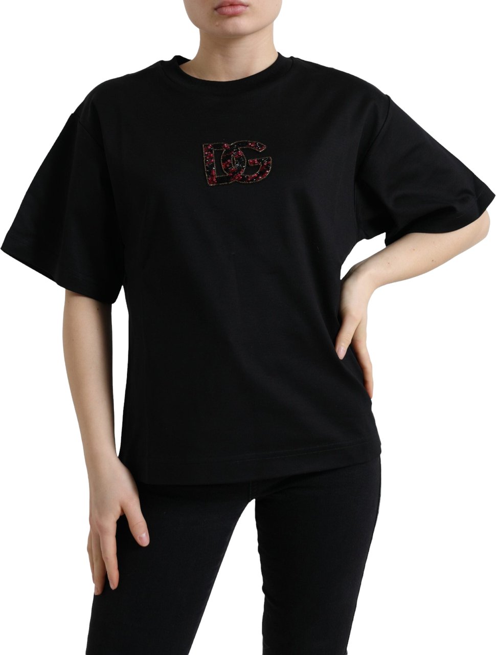 Dolce & Gabbana Black Cotton DG Crystal Crewneck Tee T-shirt Zwart
