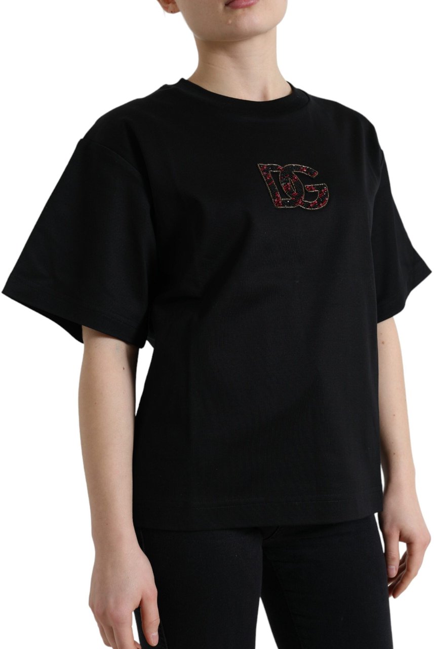 Dolce & Gabbana Black Cotton DG Crystal Crewneck Tee T-shirt Zwart