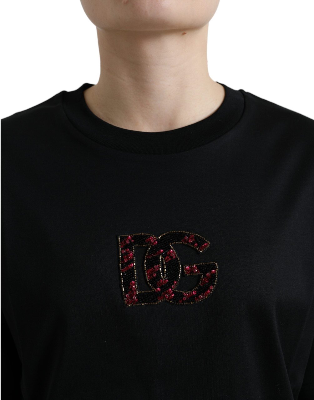 Dolce & Gabbana Black Cotton DG Crystal Crewneck Tee T-shirt Zwart