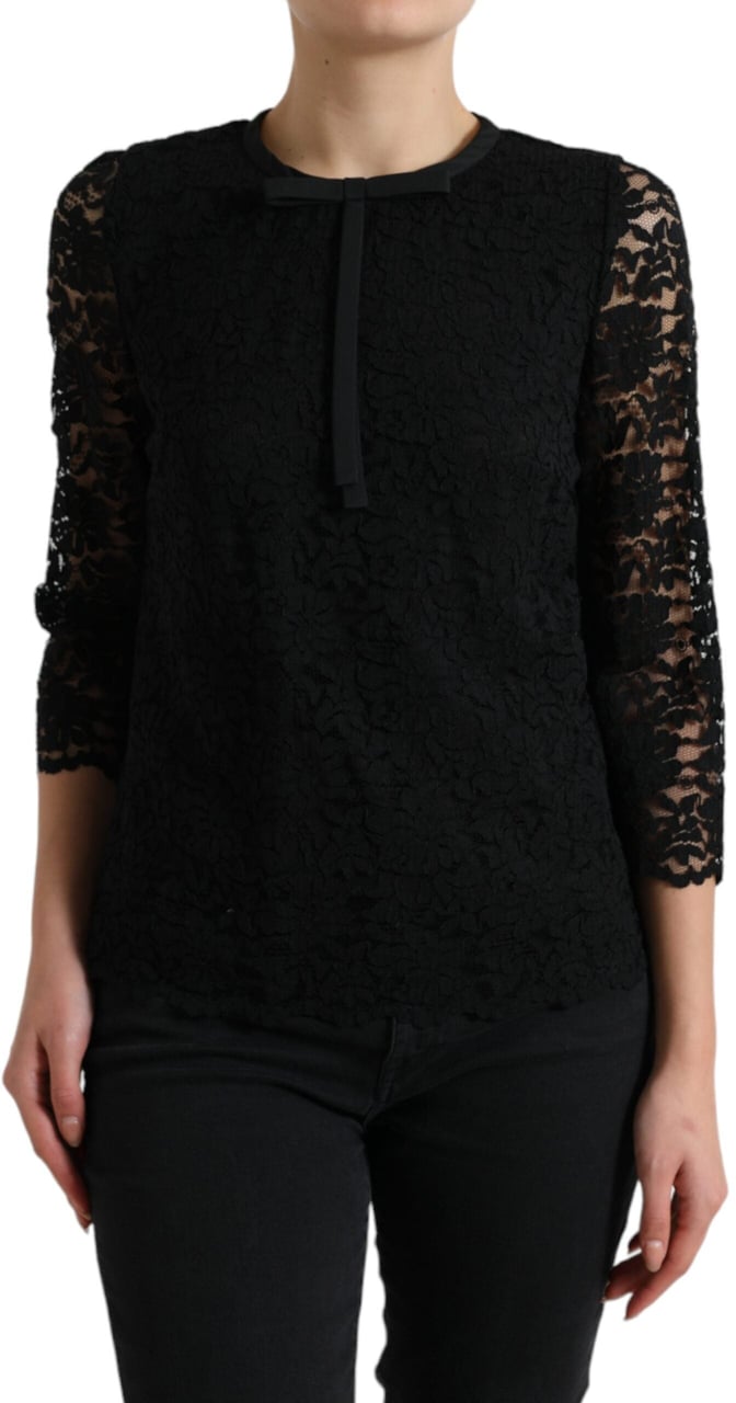 Dolce & Gabbana Black STAFF Blouse Floral Lace Nylon Top Zwart