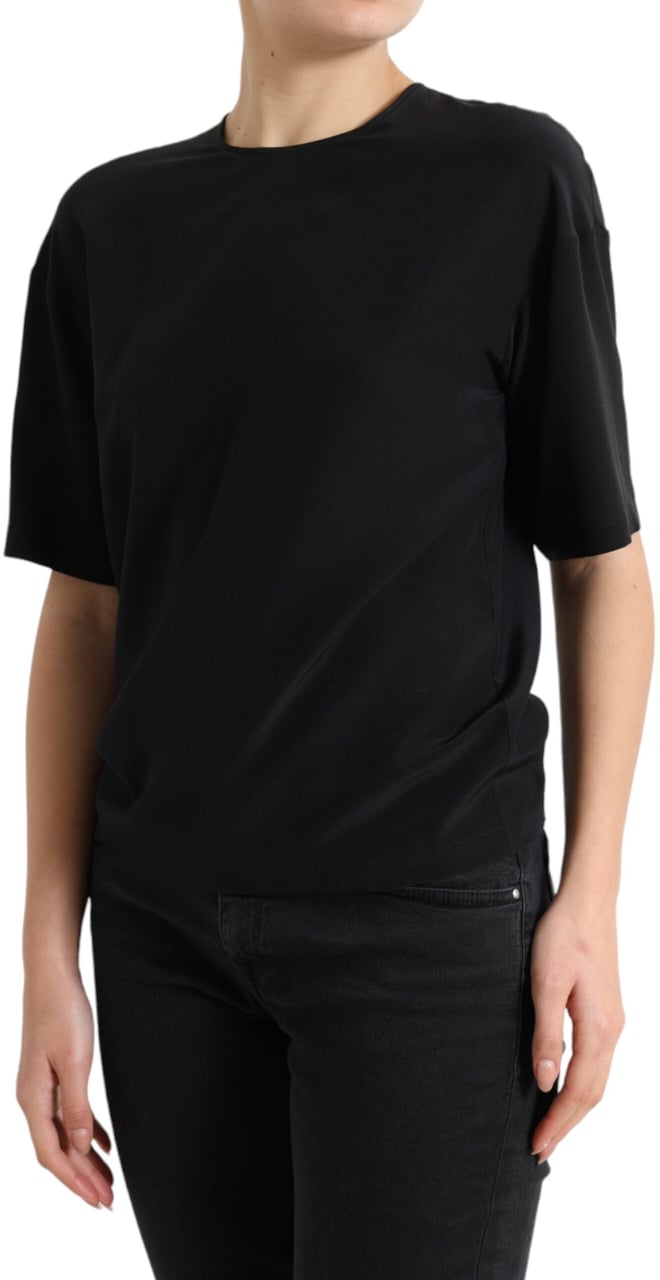 Dolce & Gabbana Black Silk Round Neck Short Sleeve Blouse Top Zwart