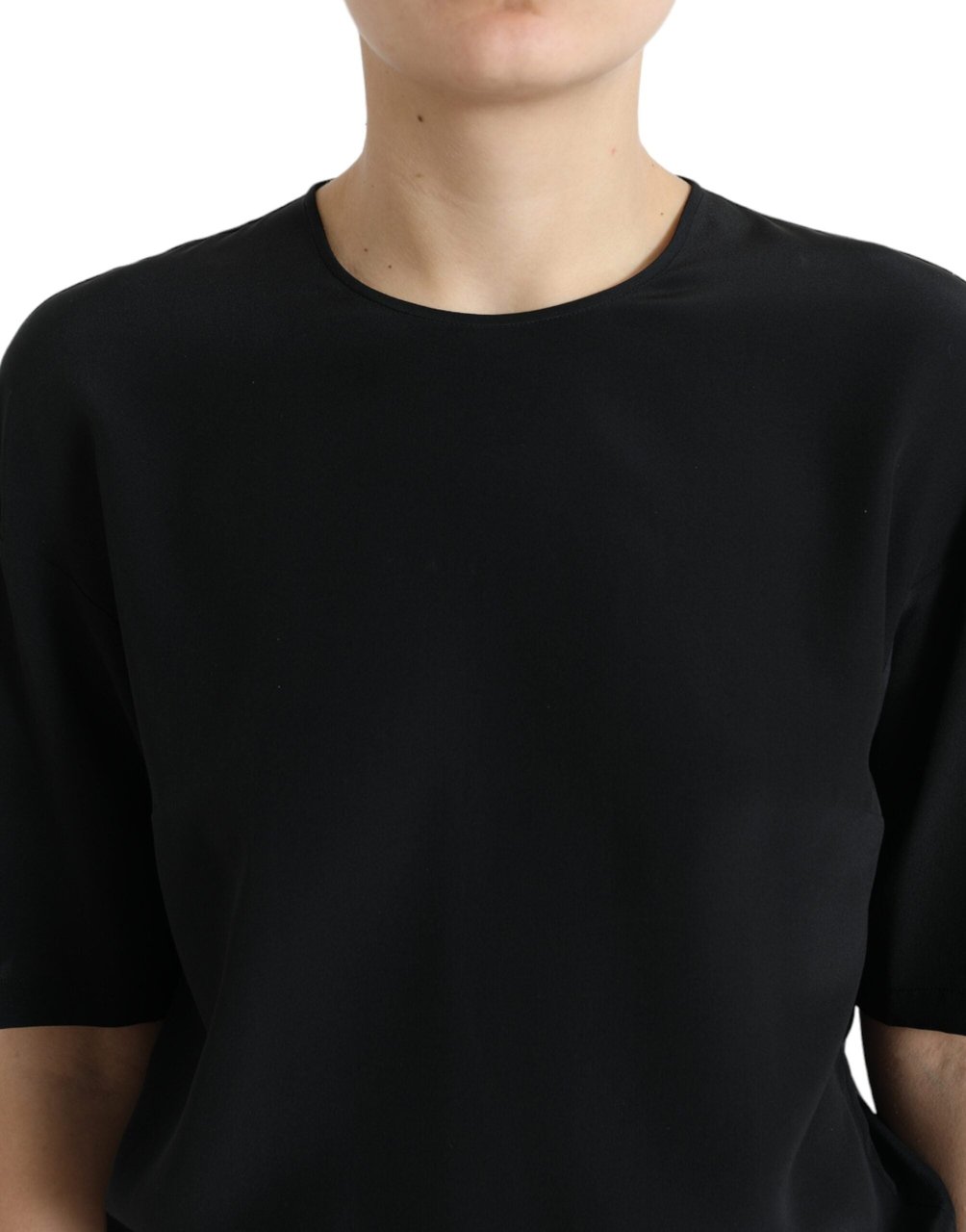 Dolce & Gabbana Black Silk Round Neck Short Sleeve Blouse Top Zwart