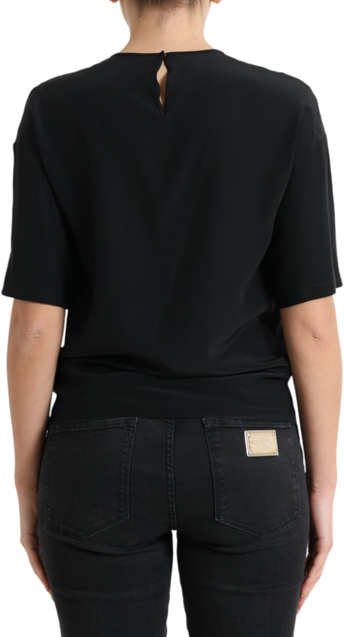 Dolce & Gabbana Black Silk Round Neck Short Sleeve Blouse Top Zwart