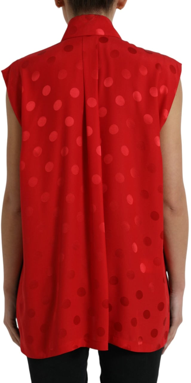 Dolce & Gabbana Red Polka Dot Sleeveless Collared Blouse Top Rood