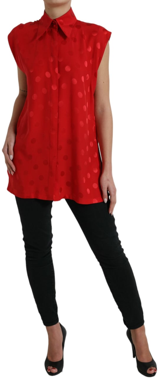 Dolce & Gabbana Red Polka Dot Sleeveless Collared Blouse Top Rood