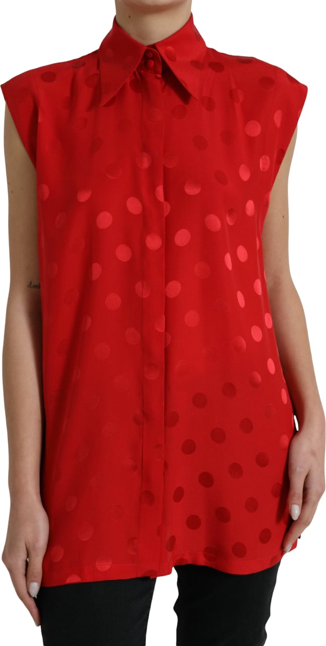 Dolce & Gabbana Red Polka Dot Sleeveless Collared Blouse Top Rood
