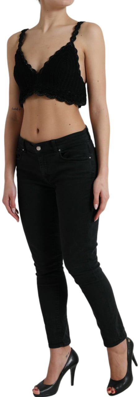 Dolce & Gabbana Black Cotton Bustier Cropped Crochet Tank Top Zwart