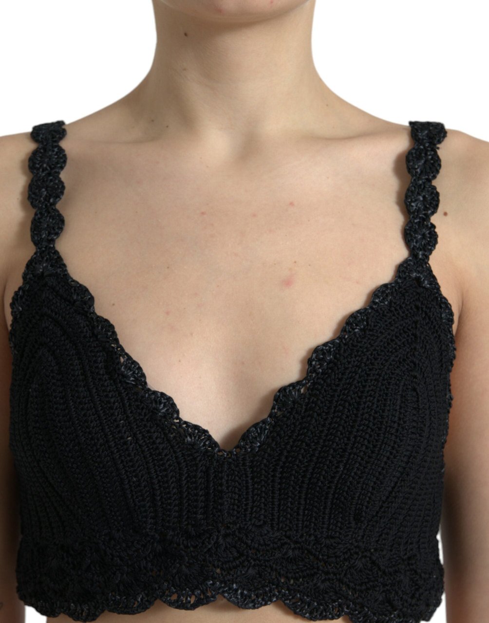 Dolce & Gabbana Black Cotton Bustier Cropped Crochet Tank Top Zwart