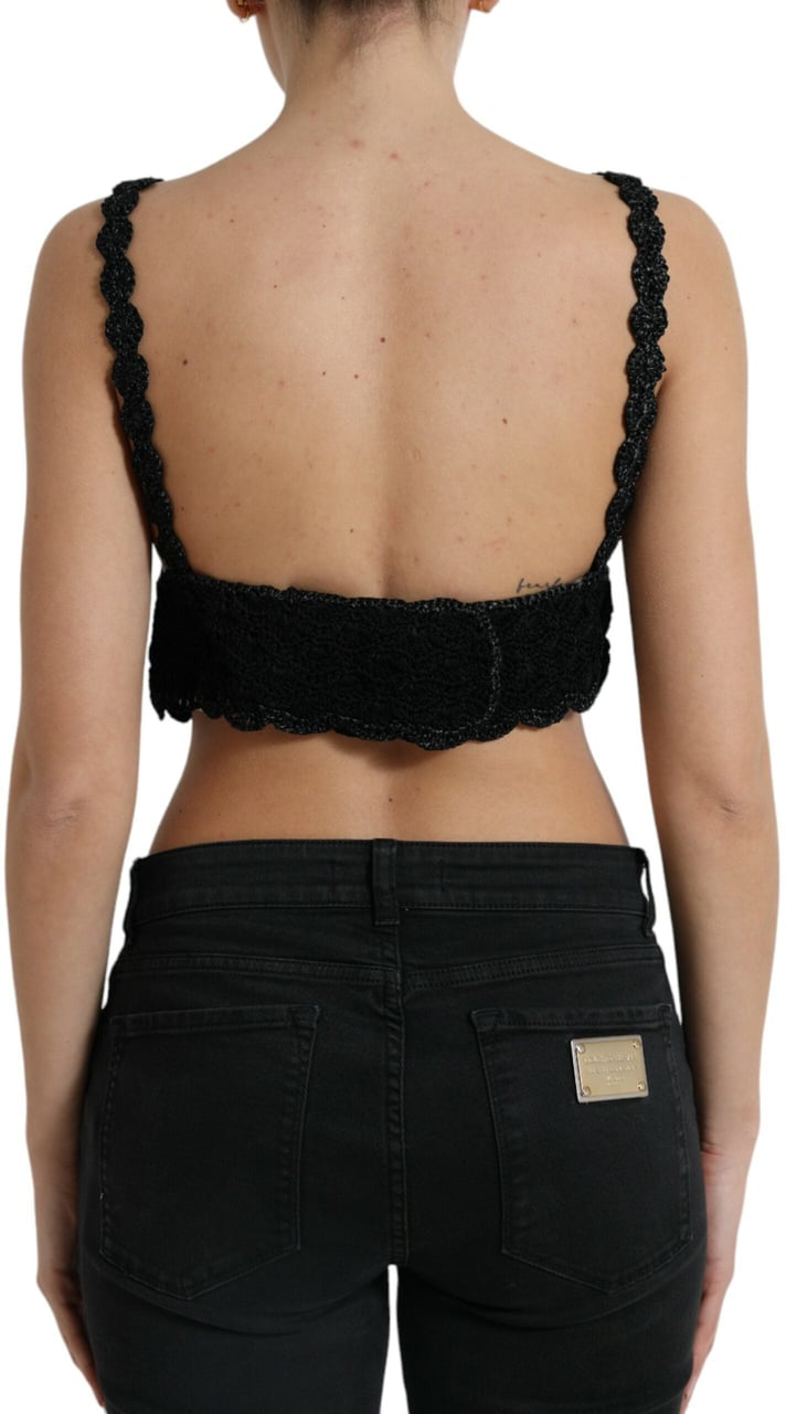 Dolce & Gabbana Black Cotton Bustier Cropped Crochet Tank Top Zwart