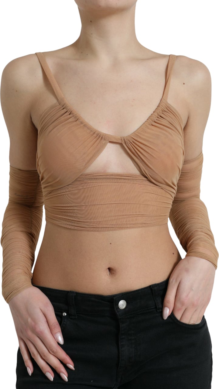 Dolce & Gabbana Brown Nylon Stretch Open Shoulder Cropped Top Bruin