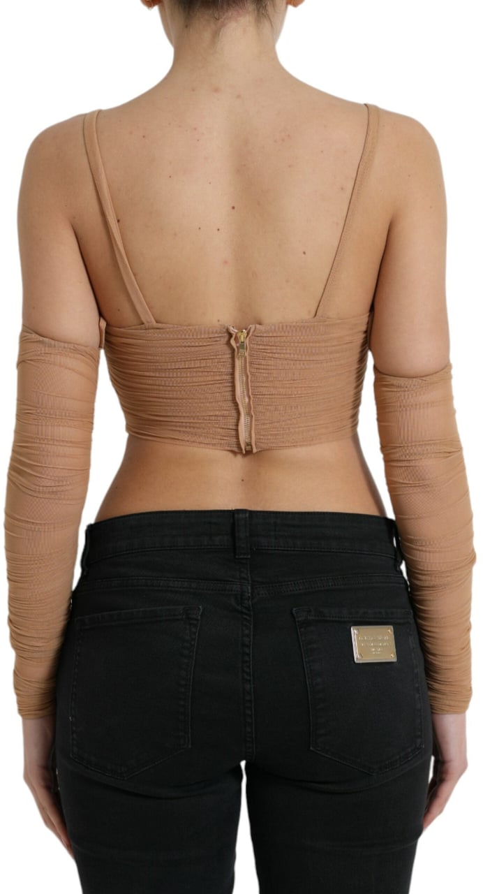Dolce & Gabbana Brown Nylon Stretch Open Shoulder Cropped Top Bruin