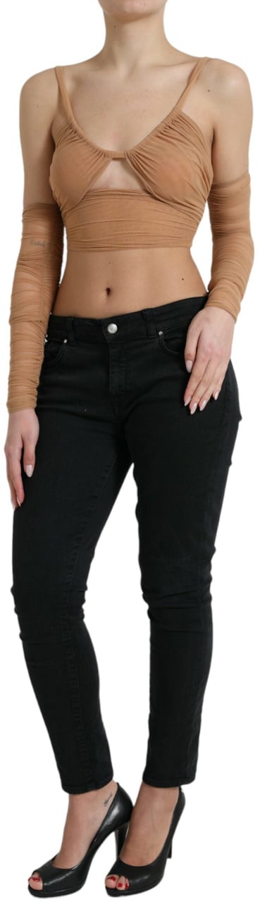 Dolce & Gabbana Brown Nylon Stretch Open Shoulder Cropped Top Bruin