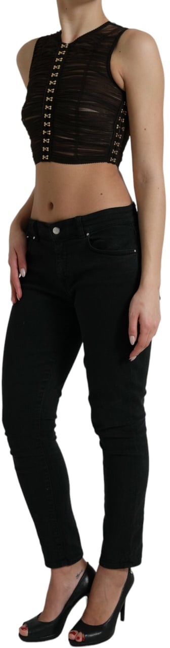 Dolce & Gabbana Brown Embellished Nylon Stretch Cropped Top Bruin