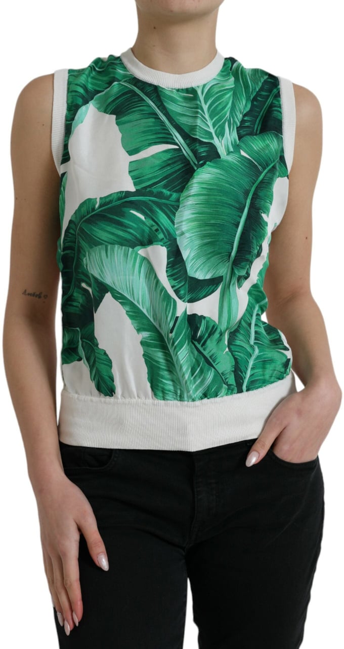 Dolce & Gabbana White Banana Leaf Print Crew Neck Tank Top Wit