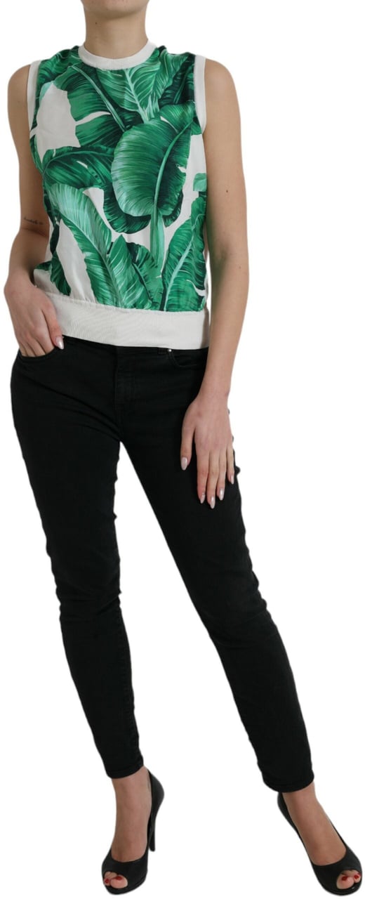 Dolce & Gabbana White Banana Leaf Print Crew Neck Tank Top Wit