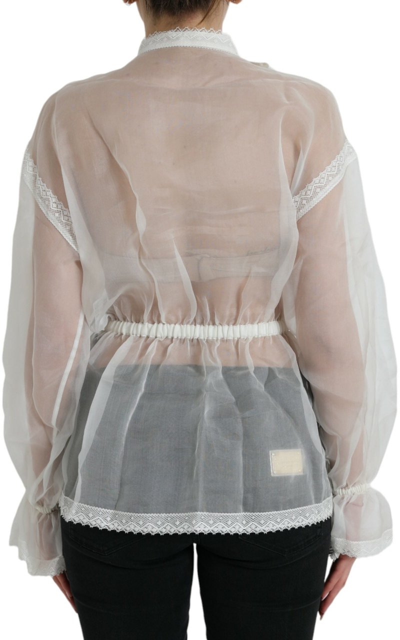 Dolce & Gabbana White Silk Long Sleeves Ascot Collar Top Wit