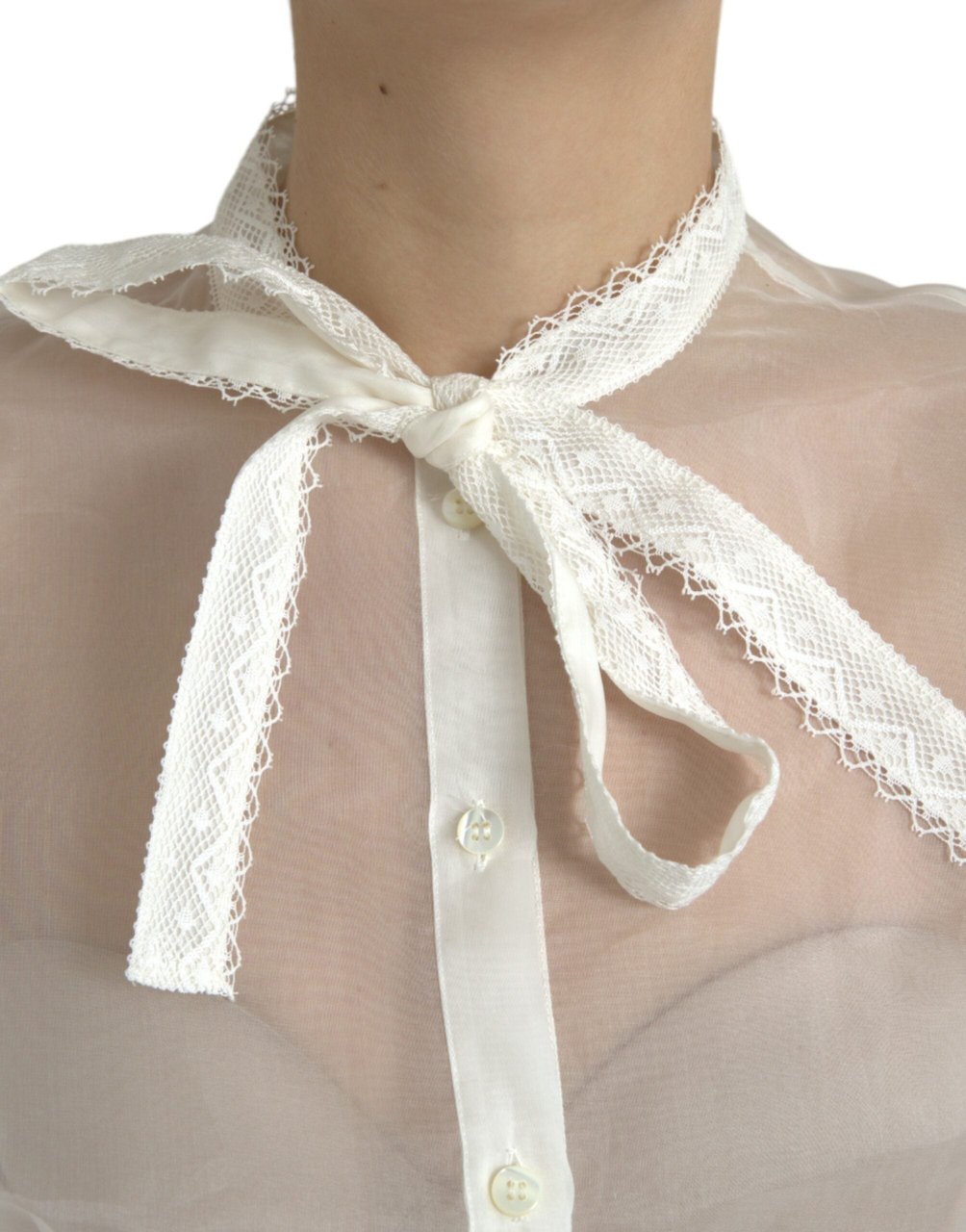 Dolce & Gabbana White Silk Long Sleeves Ascot Collar Top Wit
