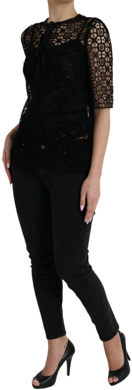 Dolce & Gabbana Black Floral Lace Short Sleeves Blouse Top Zwart